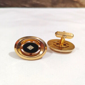 Vintage Anson Cufflinks Onyx Glass Faux Diamond Accent Oval Signed
